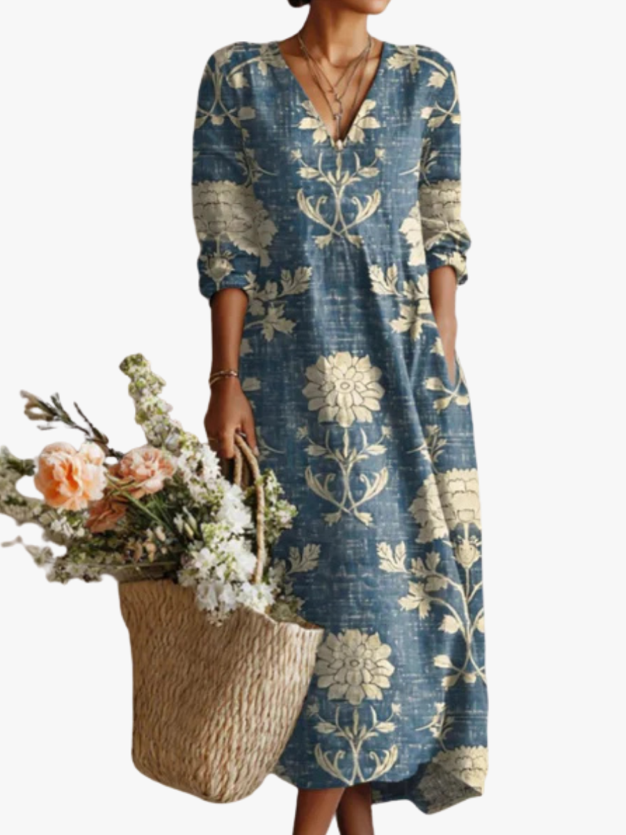 Floralia™ | Vestido midi de lino con estampado floral vintage