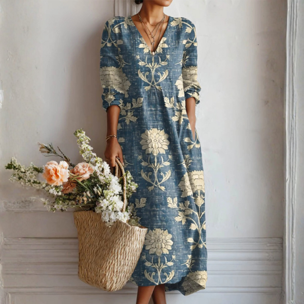 Floralia™ | Vestido midi de lino con estampado floral vintage
