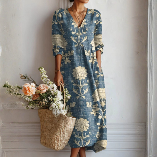 Floralia™ | Vestido midi de lino con estampado floral vintage