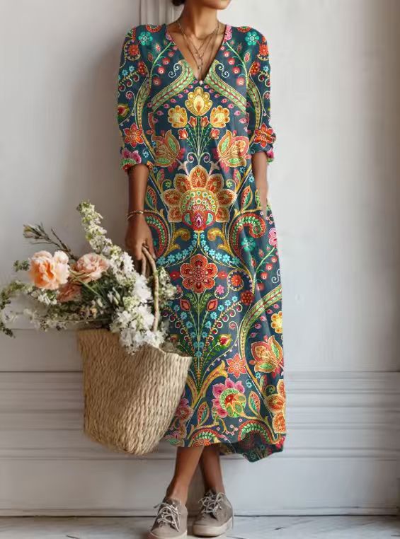 Floralia™ | Vestido midi de lino con estampado floral vintage