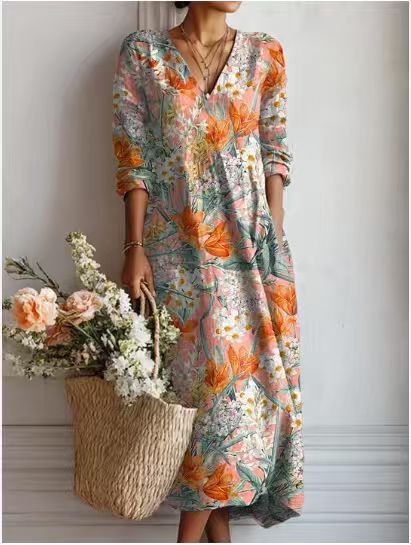Floralia™ | Vestido midi de lino con estampado floral vintage