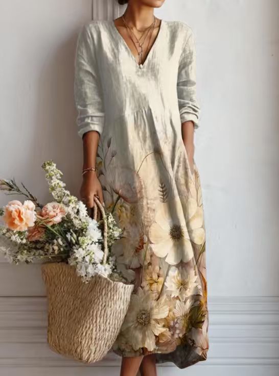 Floralia™ | Vestido midi de lino con estampado floral vintage