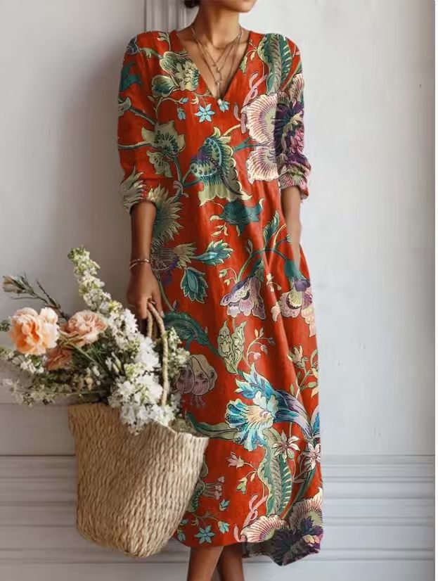 Floralia™ | Vestido midi de lino con estampado floral vintage