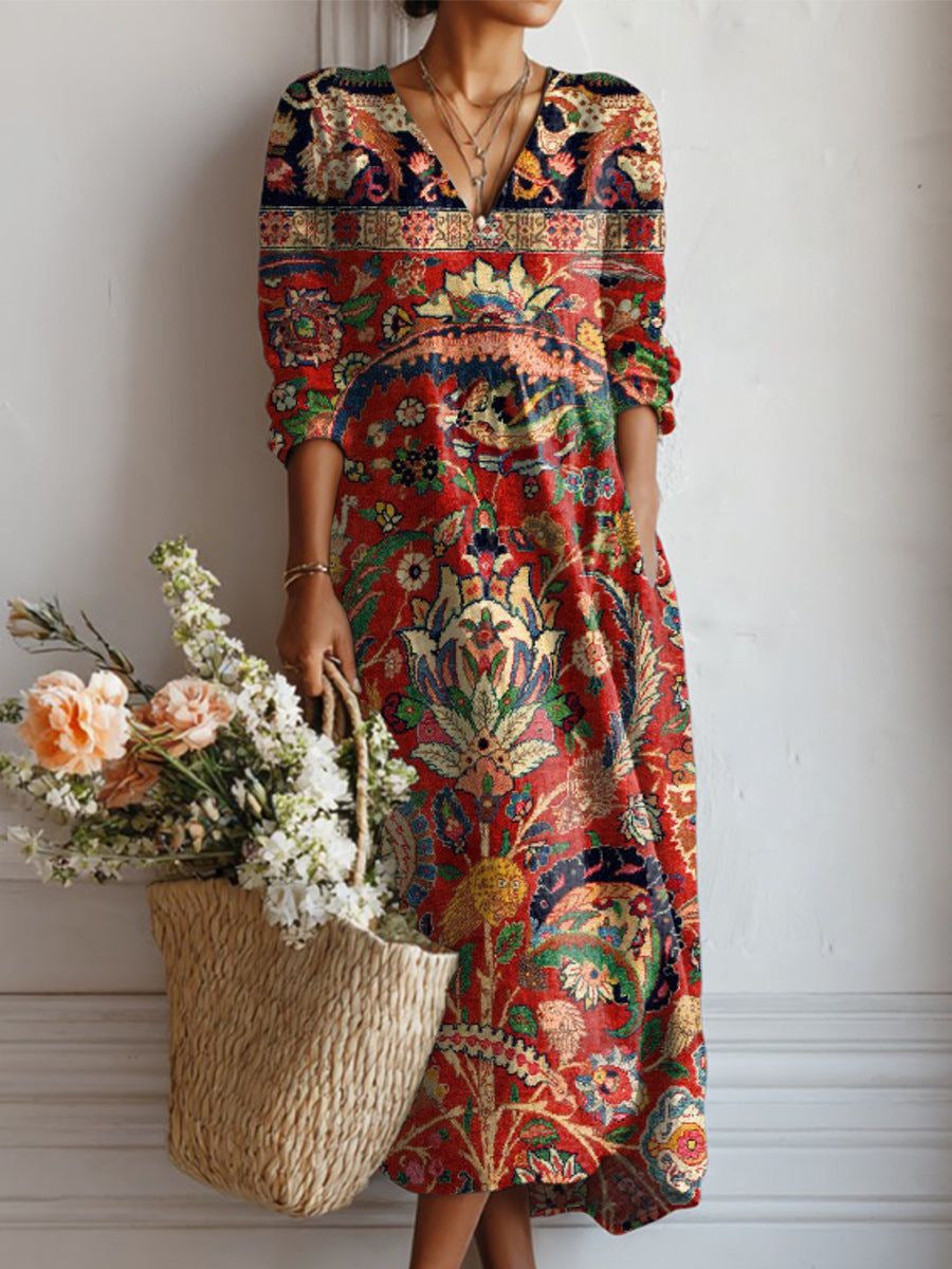 Floralia™ | Vestido midi de lino con estampado floral vintage