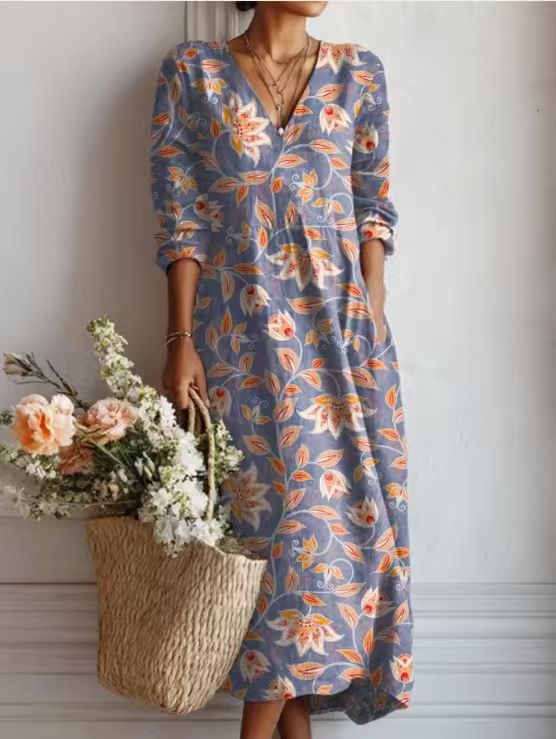 Floralia™ | Vestido midi de lino con estampado floral vintage