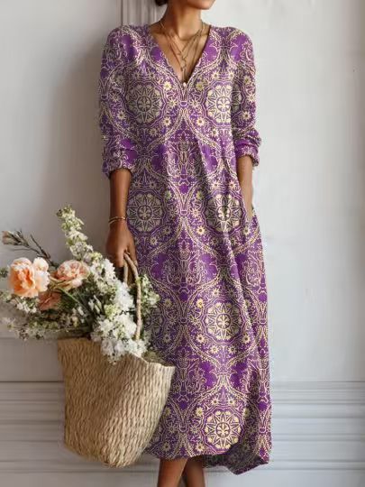 Floralia™ | Vestido midi de lino con estampado floral vintage