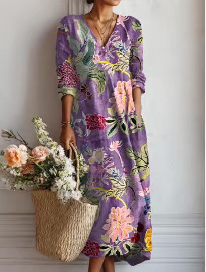 Floralia™ | Vestido midi de lino con estampado floral vintage
