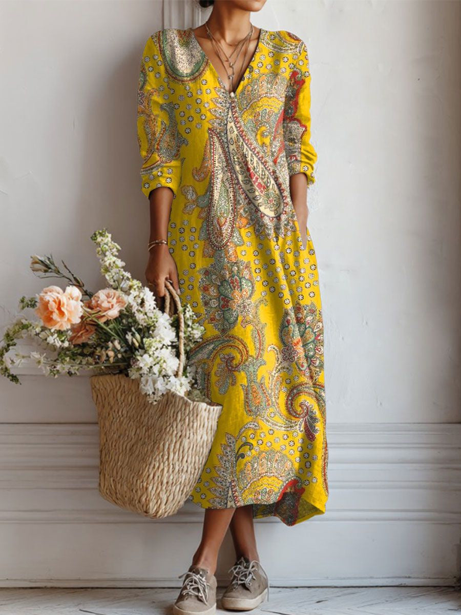 Floralia™ | Vestido midi de lino con estampado floral vintage