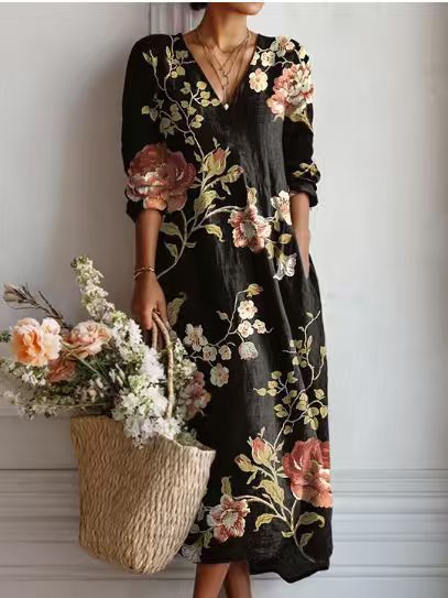 Floralia™ | Vestido midi de lino con estampado floral vintage