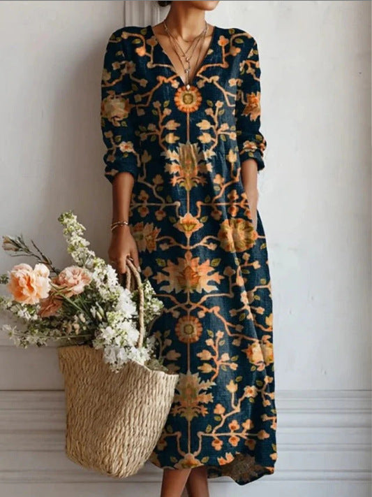 Floralia™ | Vestido midi de lino con estampado floral vintage