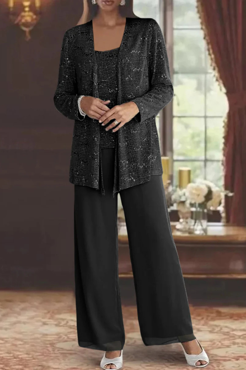 Ángela | Conjunto de tres piezas de encaje con lentejuelas